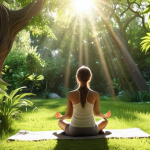 **

A person sitting in a peaceful garden, practicing mindfulness meditation. Sunlight filters through the trees, illuminating their calm face. The surrounding nature is lush and vibrant. Focus on a serene atmosphere.
**