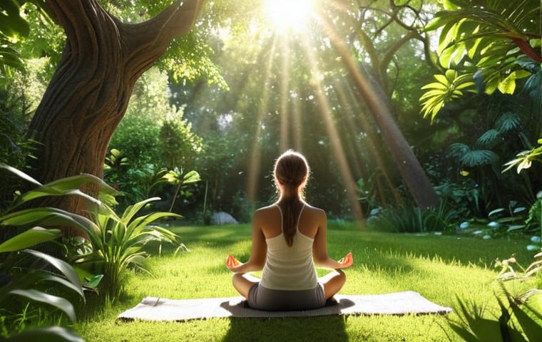 **
A person sitting in a peaceful garden, practicing mindfulness meditation. Sunlight filters through the trees, illuminating their calm face. The surrounding nature is lush and vibrant. Focus on a serene atmosphere.
**