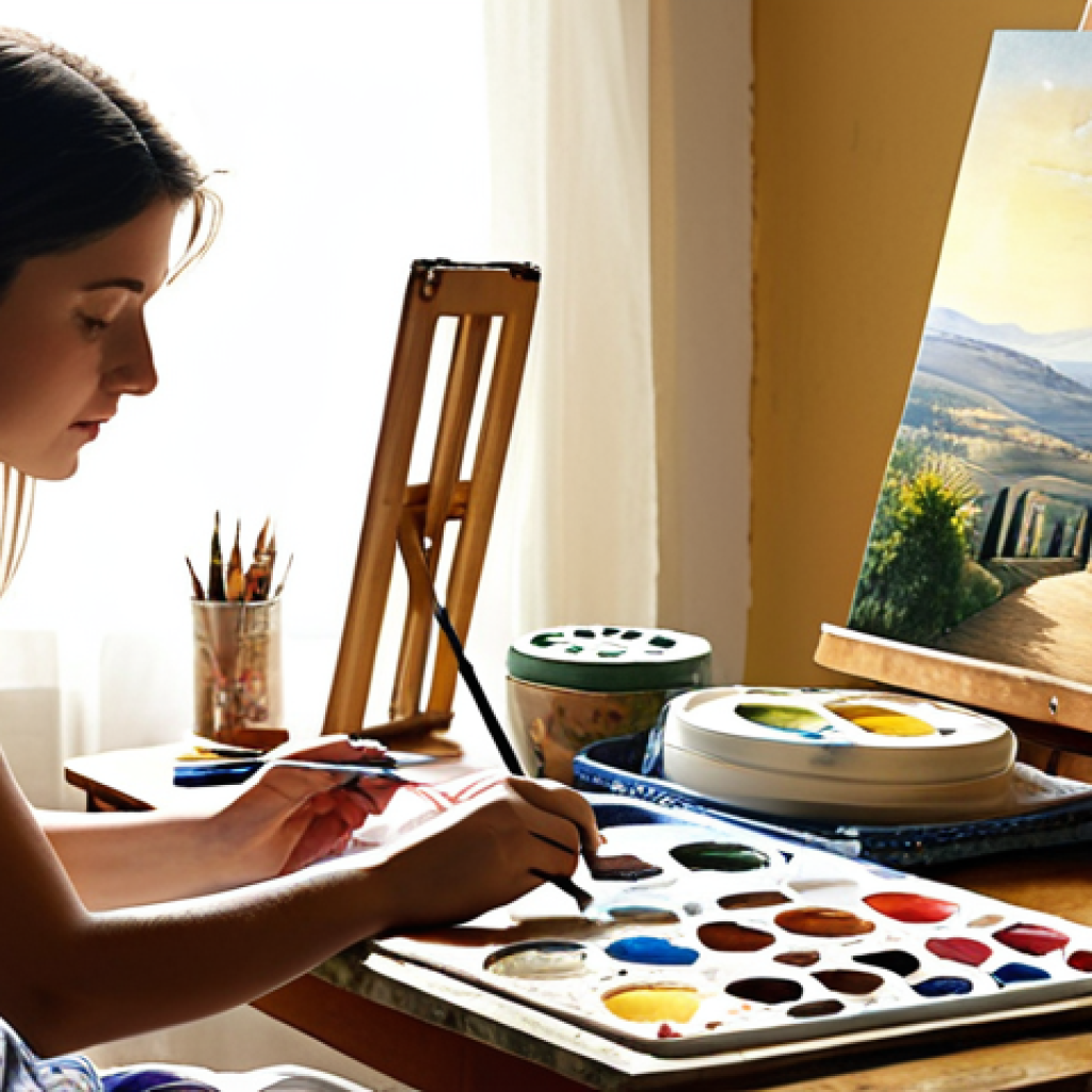 A person painting with watercolors in a sunlit room, surrounded by art supplies, with a half-finished painting of a serene Italian landscape on the table.