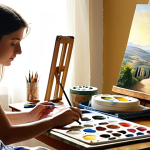 A person painting with watercolors in a sunlit room, surrounded by art supplies, with a half-finished painting of a serene Italian landscape on the table.