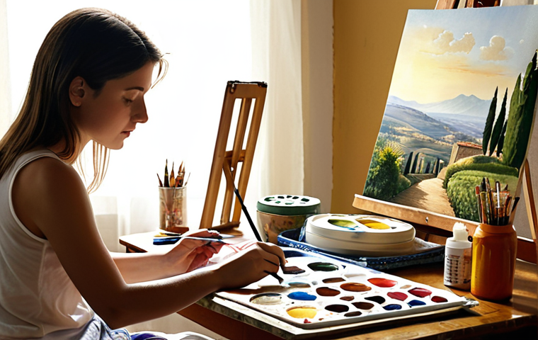 A person painting with watercolors in a sunlit room, surrounded by art supplies, with a half-finished painting of a serene Italian landscape on the table.