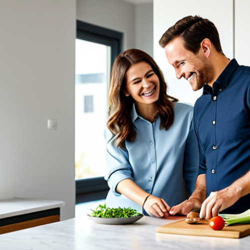 Home 17 A professional adult man and woman, fully clothed in modest business casual attire, smiling gently as they collaboratively prepare a meal in a spacious, clean, and modern kitchen. Sunlight streams through a large window, illuminating the scene. The focus is on their shared activity and positive interaction, emphasizing teamwork and mutual appreciation. Professional photography, high resolution, soft lighting, perfect anatomy, correct proportions, natural pose, well-formed hands, proper finger count, natural body proportions. Safe for work, appropriate content, fully clothed, family-friendly.