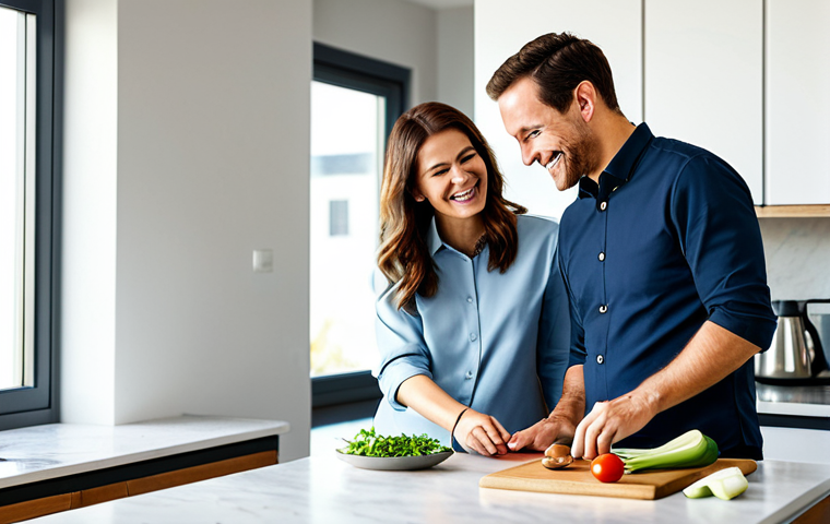 A professional adult man and woman, fully clothed in modest business casual attire, smiling gently as they collaboratively prepare a meal in a spacious, clean, and modern kitchen. Sunlight streams through a large window, illuminating the scene. The focus is on their shared activity and positive interaction, emphasizing teamwork and mutual appreciation. Professional photography, high resolution, soft lighting, perfect anatomy, correct proportions, natural pose, well-formed hands, proper finger count, natural body proportions. Safe for work, appropriate content, fully clothed, family-friendly.