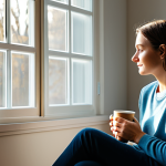 A serene adult individual, fully clothed in modest, comfortable attire, sitting quietly by a sunlit window in a contemporary, minimalistic living space. The person is gently holding a warm beverage, with a peaceful, contemplative expression that reflects deep gratitude for simple, everyday moments. The scene is bathed in soft, natural light, emphasizing a calm and appreciative atmosphere. safe for work, appropriate content, fully clothed, family-friendly, perfect anatomy, correct proportions, natural pose, well-formed hands, proper finger count, natural body proportions, professional photography, high quality, sharp focus.