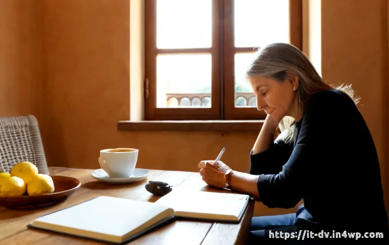 Home 14 포지티브 심리학을 활용한 부정적 감정 관리 방법 - Photorealistic Italian woman in her late 40s seated at a tidy sunlit kitchen table in a warm Mediter...